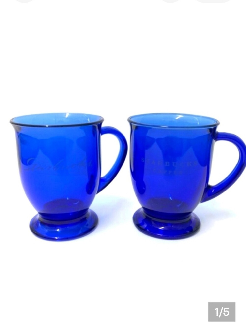 Starbucks set of 2 cobalt blue glass etched pedestal mugs 16 oz